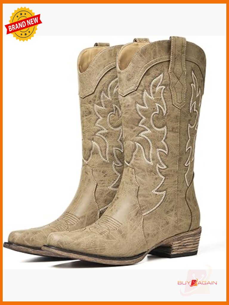 Embroidered Cowgirl Boots With Chunky Heel, Square Toe, Mid-Calf